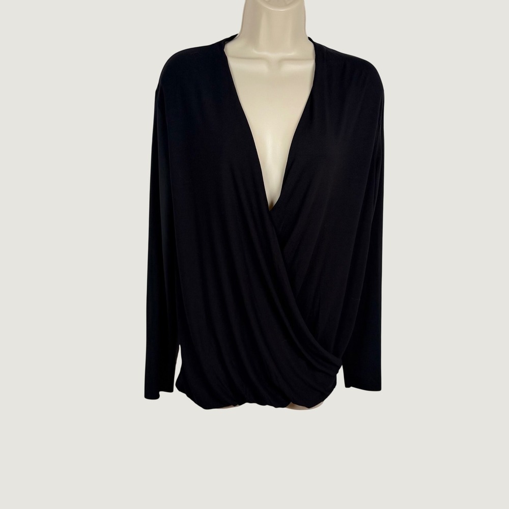 Zara W/B Collection M Black Long Sleeve Deep V-Neck Surplice Wrap-style Top